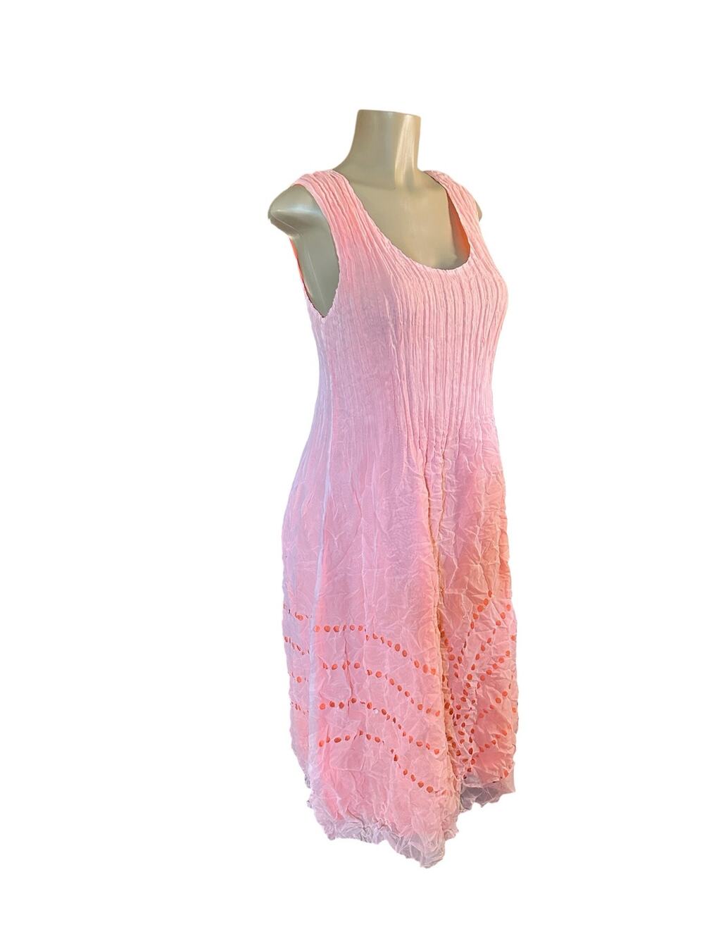 Women 2 Alquema Crinkle Orange Polka Dot Laser Cut Pink Sleeveless Dress